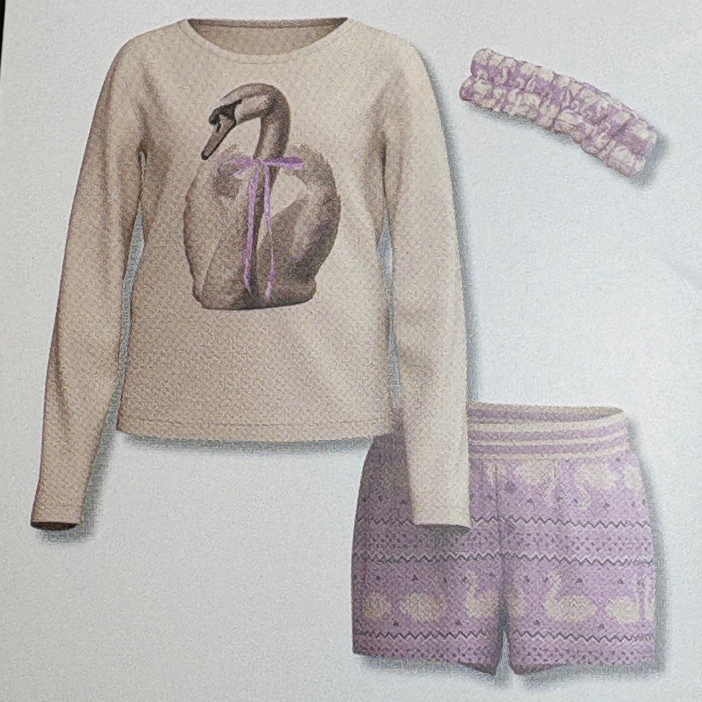 Art Class Girls Swan Pajama Set 3 Piece Long Sleeve Shorts Spa Headband Purple M